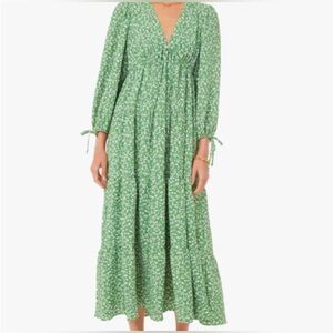 TUCKERNUCK HYACINTH HOUSE Small Mila Midi Dress Green Floral Tiered Lined Boho